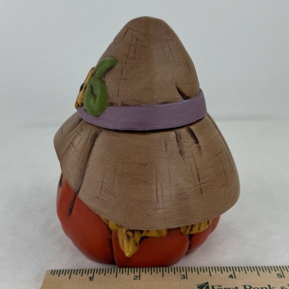 Vintage Ceramic Pumpkin Jar With Scarecrow Hat Lid Harvest Jack-O-Lantern 5.5" - Picture 11 of 11